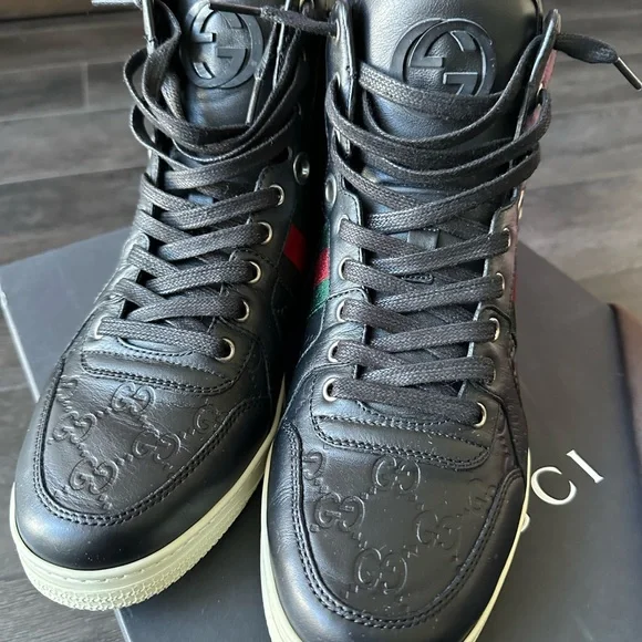 Gucci Black Leather High-Tops with Red and Green Stripes - Picture 3 of 7